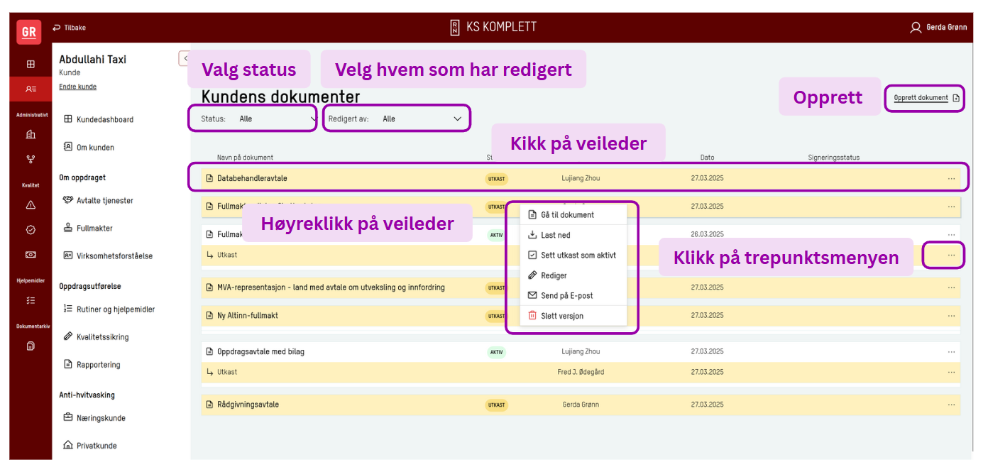 Skjermbilde: Kundens dokument