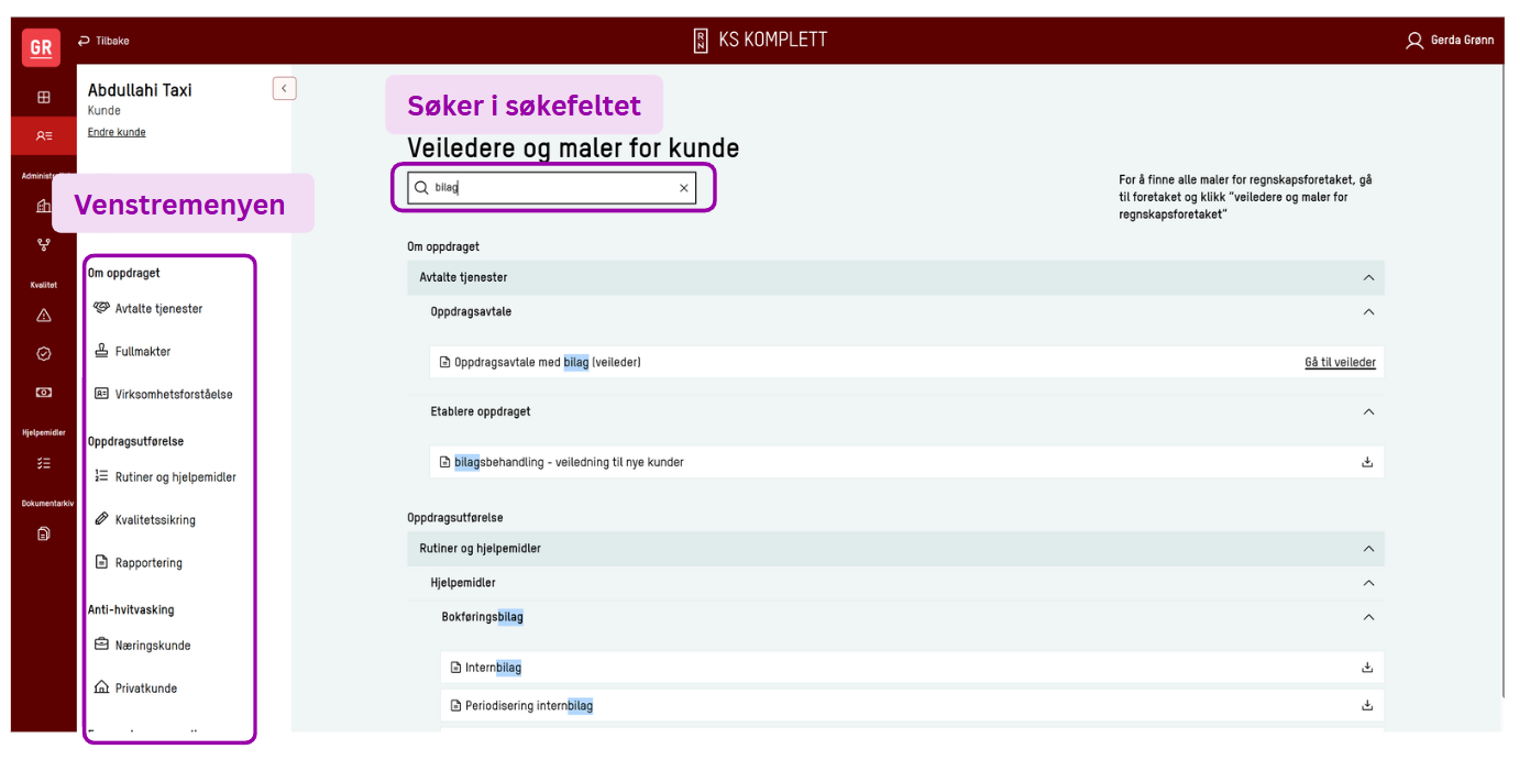 Skjermbilde: Bruk søkefeltet for å finne frem til veiledere eller maler raskt og effektivt.