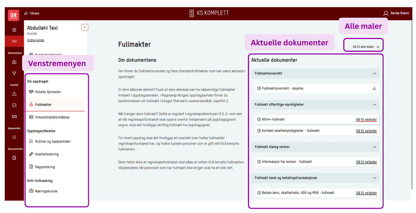 Skjermbilde: Bruk venstremenyen for raskt å finne riktig veileder eller mal.