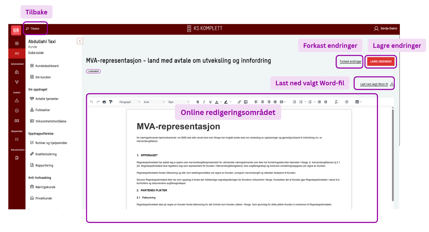 Skjermbilde: Online redigeringsfunksjon aktivt brukt på et dokument