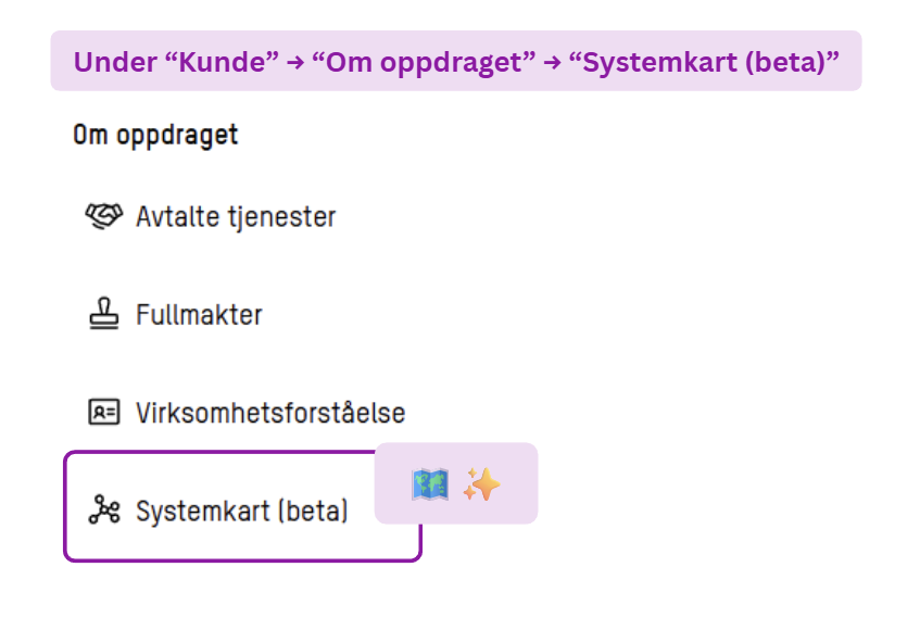 Skjermbilde: Systemkart (beta) ligger under kunde